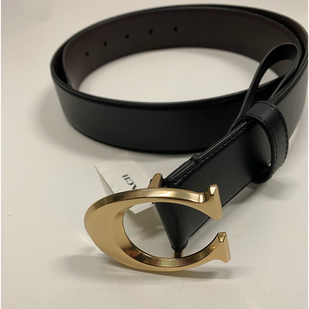 COACH Women's Black Leather Belt with Satin Gold C Buckle NEW WITH TAG